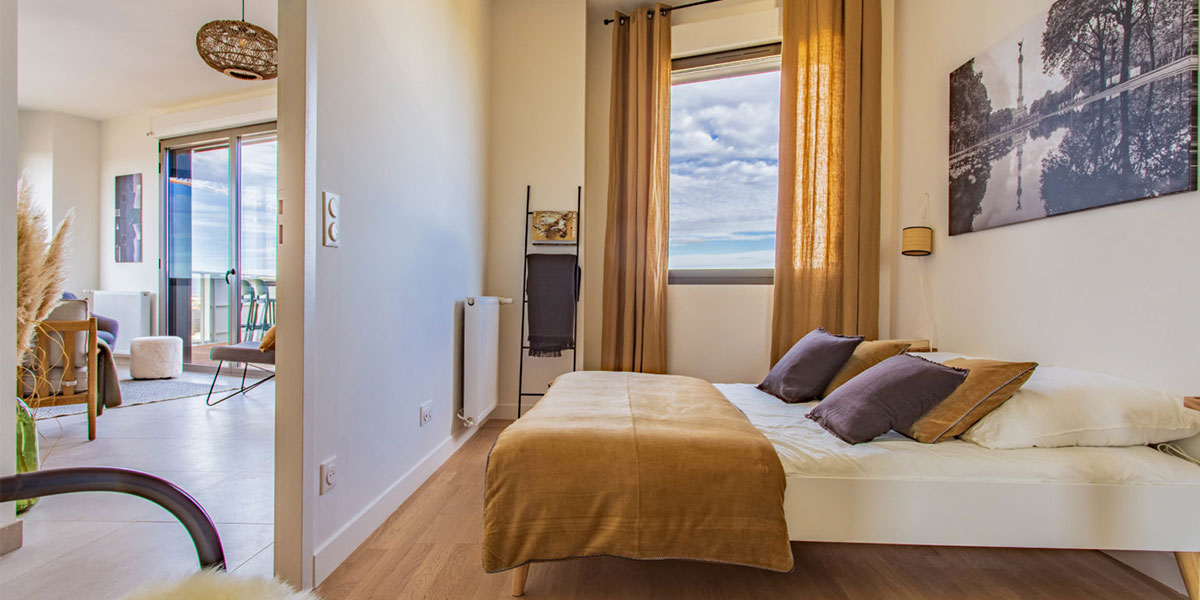 Chambre appartement témoin Hyperion à Bordeaux